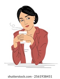 Beautiful young woman in a cafe with coffee. City girl. Coffee time, leisure and lifestyle. Female character. Vector isolated art illustration hand drawn