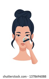 Beautiful young woman cares for her face.  isolated vector illustration