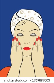 Beautiful young woman caring for a face. Hands pressed to her face. Eyes closed, head covered with a scarf  
