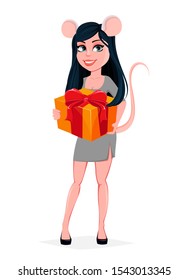 Beautiful young woman in carnival costume of mouse holding gift box. Vector illustration on white background. 