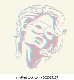 Beautiful young woman in carnival mask. Vector illustration with stereo effect.