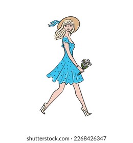 Beautiful young woman carries flowers.Summer stock vector illustration.