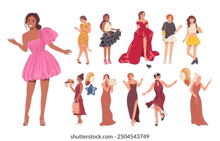 Beautiful young woman cartoon characters wearing elegant evening dress and modern casual attire set