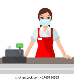Beautiful young woman cashier with medical mask working in a supermarket. Sanitary compliance during coronavirus quarantine covid-19.vector illustration