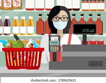 Beautiful young woman cashier with medical mask working in a supermarket. Sanitary compliance during coronavirus quarantine covid-19.vector illustration