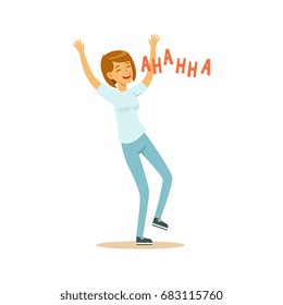 Beautiful young woman in casual clothes laughing out loud colorful character vector Illustration