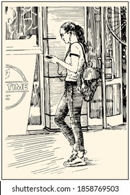 Beautiful young woman in casual style stand with backpack and cell phone on her hands. Summer day black and white hand drawing with pen and ink. Engraving, etching, sketch style.