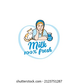 Beautiful young woman with cat and jug of milk. Dairy farm sketch. Vector illustration.