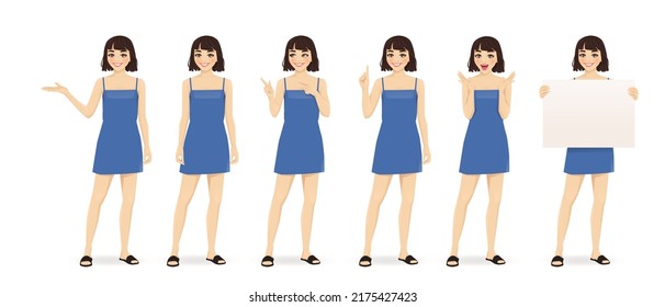 Beautiful young woman character in blue dress set. Pointing, showing, surprised, standing, holding empty blank board isolated vector illustration