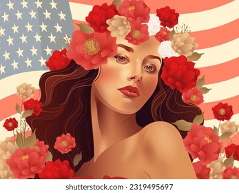 A Beautiful Young Woman Character with Flower Against Background of American Flag. USA National Festival Celebration Concept.