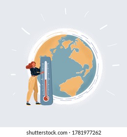 Beautiful young woman character with giant thermometer beside radiant Earth globe on white isolated background. Flat vector illustration of environment safety and global warming prevention.