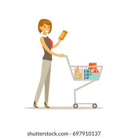 Beautiful Young Woman Character Pushing Supermarket Shopping Cart With Groceries Vector Illustration