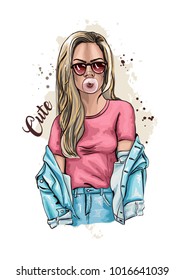 Beautiful young woman with chewing gum. Fashion woman with long hair. Casual style. Fashion portrait of cute girl. Hand drawn sketch. Vector illustration of fashion. 