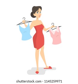 Beautiful young woman choosing clothes. Beauty and fashion. Difficult choice. Isolated vector illustration