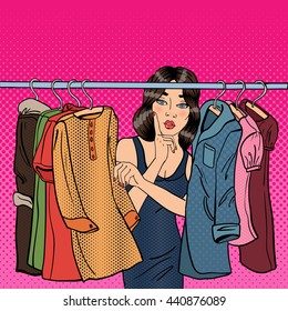 Beautiful Young Woman Choosing Clothes in her Wardrobe. Pop Art. Vector illustration