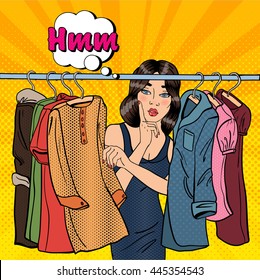 Beautiful Young Woman Choosing Clothes in her Wardrobe. Pop Art. Vector illustration