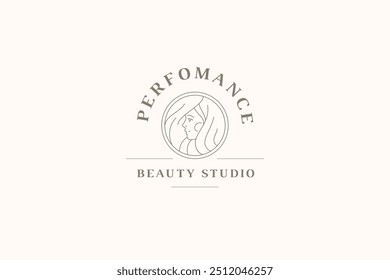 Beautiful young woman circle line art logo design template for coiffure vector illustration. Elegant feminine romantic lady with hair linear logotype for skin care cosmetic stylist cosmetology brand