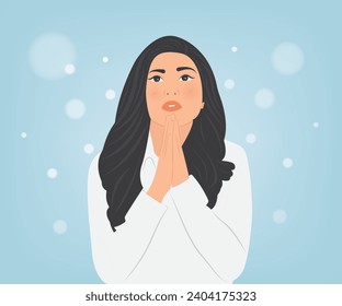 A beautiful young woman clasps her hands in prayer and prays that her life will be happy and smooth in all respects, rich in wealth. Vector illustration.