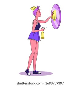Beautiful young woman cleaning and polishing mirror. Housewife use spray product to clean a house. housekeeper or maid doing housework. Cartoon style. Stock isolated vector illustration on white.