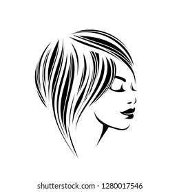 Beautiful young woman with closed eyes, elegant makeup and hairstyle.Cosmetics, beauty and hair salon vector logo.Female portrait illustration isolated on light background.