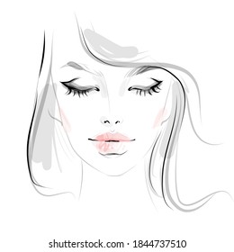 Beautiful young woman with closed eyes black and white drawing sketch. Fashion girl face makeup portrait illustration on white background.