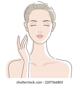 Beautiful young woman with closed eyes. She touches her cheek with her finger. Beauty, fashion, makeup, skincare concept. Vector illustration in line drawing, isolated on white background.