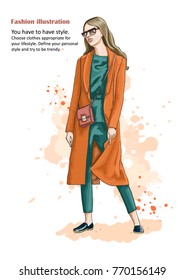 Beautiful young woman in coat. Stylish clothing outfit. Fashion look. Hand drawn sketch. Vector illustration.