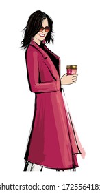 Beautiful young woman with a coat and sunglasses enjoying hot coffee - vector illustration (Ideal for printing on fabric or paper, poster or wallpaper, house decoration)