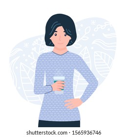 Beautiful young woman with coffee cup. Cute girl. Female character dinking coffee. Isolated concept vector illustration in cartoon flat style 