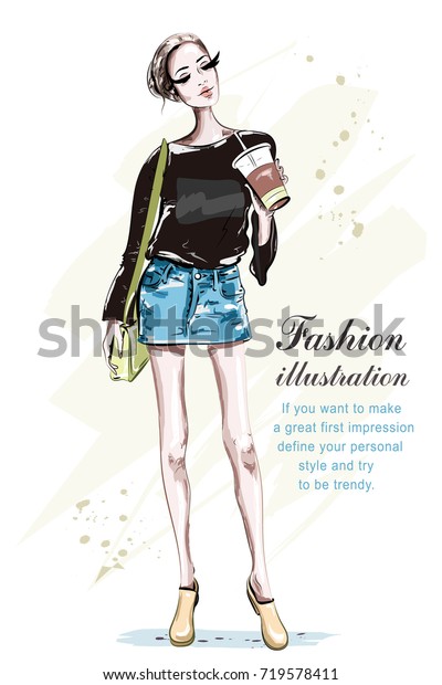 Beautiful young woman with coffee cup. Hand\
drawn fashion lady with bag. Stylish girl in fashion clothes.\
Sketch. Vector\
illustration.