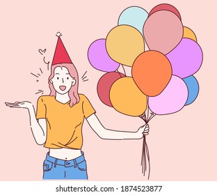 Hermosa joven con globos de colores. Fiestas de Año Nuevo, celebración y concepto de estilo de vida. Dibujado a mano en estilo de línea delgada, ilustración vectorial.