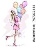 Beautiful young woman with colorful birthday balloons. Stylish cute blonde hair girl in pink dress. Hand drawn woman in fashion clothes. Sketch. Vector illustration.
