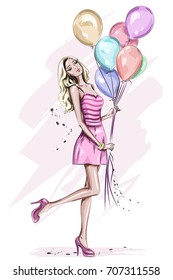 Beautiful young woman with colorful birthday balloons. Stylish cute blonde hair girl in pink dress. Hand drawn woman in fashion clothes. Sketch. Vector illustration.