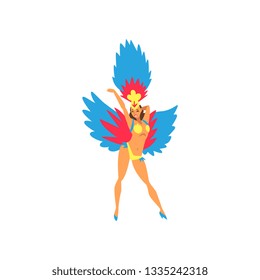 Beautiful Young Woman in Colorful Festival Costume, Brazilian Samba Dancer, Rio de Janeiro Carnival Vector Illustration