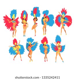 Beautiful Young Woman in Colorful Festival Costumes Dancing Set, Brazilian Samba Dancers, Rio de Janeiro Carnival Vector Illustration