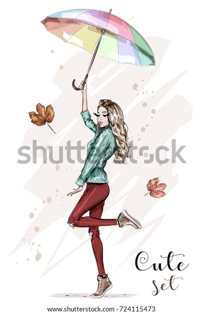 カラフルな傘を持つ美しい若い女性 ファッション服のスタイリッシュな
