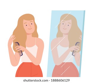 Beautiful Young Woman Combing her Hair Looking at Herself in Mirror Cartoon Style Vector Illustration