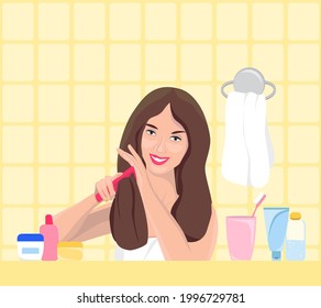 Beautiful young woman combing her hair in bathroom. Cute girl making hairstyle by comb. Daily morning routine. Lifestyle. Vector illustration in cartoon style. Flat design