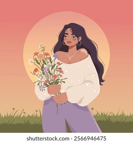 A beautiful young woman in comfortable clothes holds a bouquet of wildflowers in her hands and poses at sunset. Vector. No artificial intelligence was used to create the illustration.
