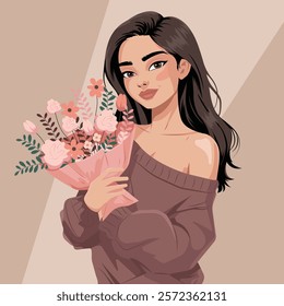 Beautiful young woman in a comfortable sweater with a bouquet of flowers. Vector, flat illustration. No artificial intelligence was used to create the illustration.
