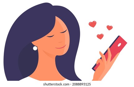 Beautiful young woman communicates on the phone. Hearts of likes. There is a happy smile on the girl face. Vector cartoon illustration