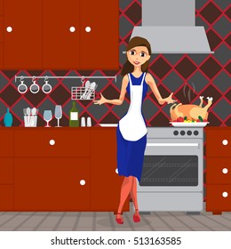 Beautiful young woman cooking traditional turkey in the kitchen. Flat cartoon vector illustration