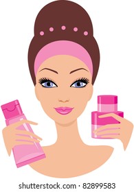 Beautiful young woman with a cosmetics set. vector, color full, no gradient