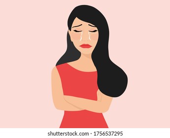 Beautiful young woman crying, tears from her eyes. Woman suffering from  depression, despair, sadness and broken heart vector illustration 