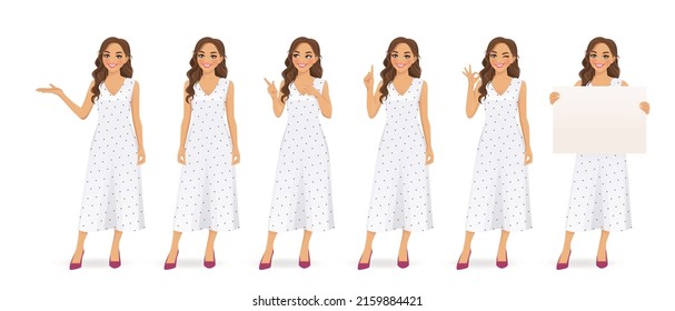 Beautiful young woman with curly hairstyle character in white dress set. Pointing, showing ok sign, standing, holding empty blank board isolated vector illustration