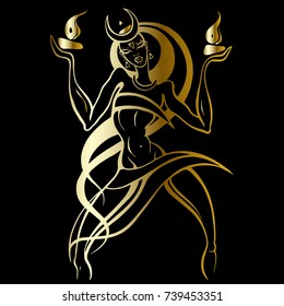 Beautiful young woman dancing with fire. Hand drawn Vector illustration, White background