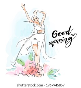 Beautiful young woman dancing in white dress fashion illustration. Good morning print card design. Wake up girl.