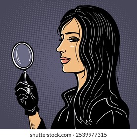 Beautiful young woman detective wearing a magnifying glass in his hand. Retro style. Search, investigation and evidence. Agent spy. Vector art illustration. Hand drawn comic style