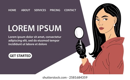 Beautiful young woman detective wearing a magnifying glass in his hand. Search, investigation and evidence. Agent spy. Vector art illustration. Banner and website