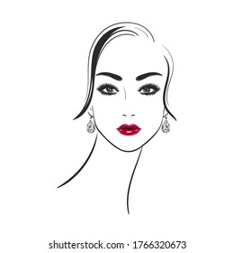 Beautiful young woman with diamond earrings on a white background.Black line female face. Lady head with red lips.Vector stock illustration.